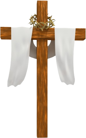 Wooden cross with white cloth and thorns.